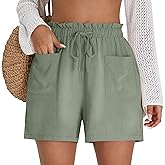Locoowai Women's Linen Casual Shorts High Waist Drawstring Elastic Ruffle Waist Loose Summer Short with Pockets