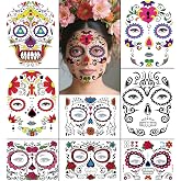 Halloween Temporary Face Tattoos Makeup Kit, Day of the Dead Sugar Skull Floral Black Skeleton Web Red Roses Full Face Mask Stickers Tattoo Families Party Supplies