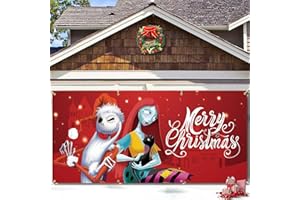 RATOYAL Jack Sally Christmas Garage Door Banner 16 x 7 ft, Nightmare Before Christmas Garage Decorations Holiday Merry Christmas Door Cover Backdrop Background for Photo Christmas Party Outdoor Banner