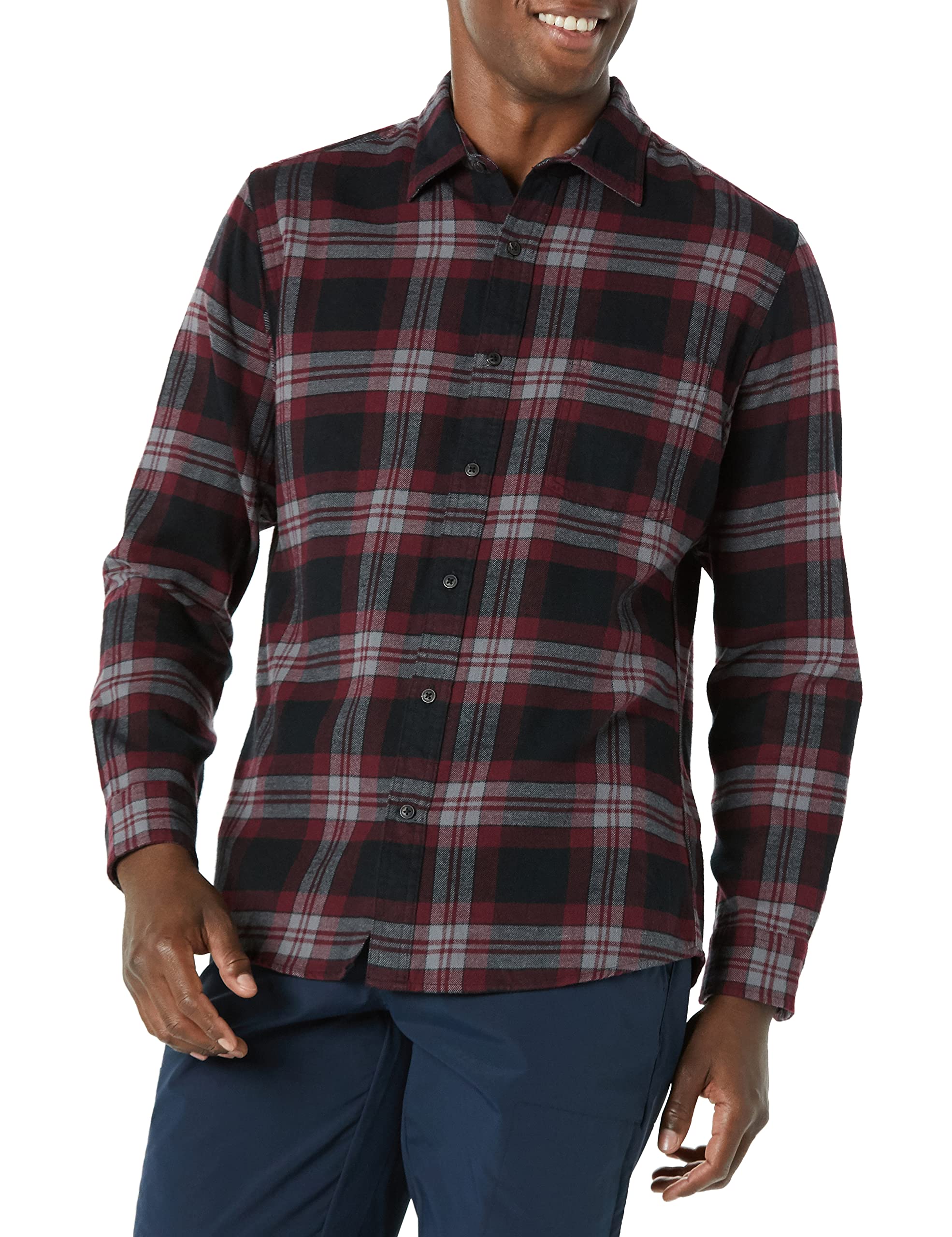 Photo 1 of Amazon Essentials Men's Flannel Shirts Long Sleeve, Slim-Fit Button Down Plaid, Black Burgundy Plaid, Medium