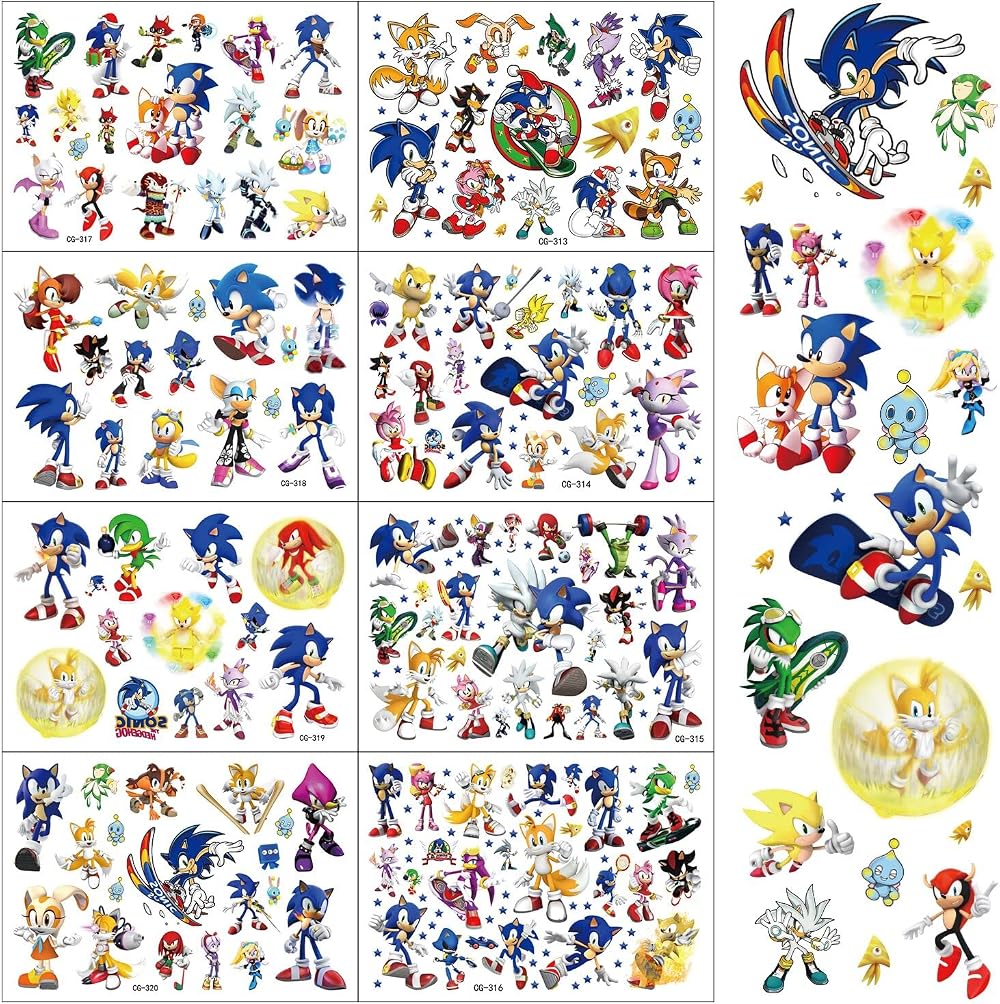 ZZZYW Sonic Temporary Tattoos for Kids 8 Cute Sheets Birthday Party Favors