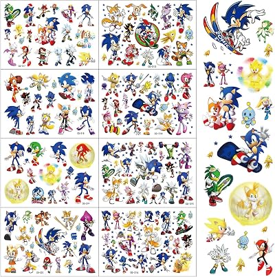 ZZZYW Sonic Temporary Tattoos for Kids 8 Cute Sheets Birthday Party Favors