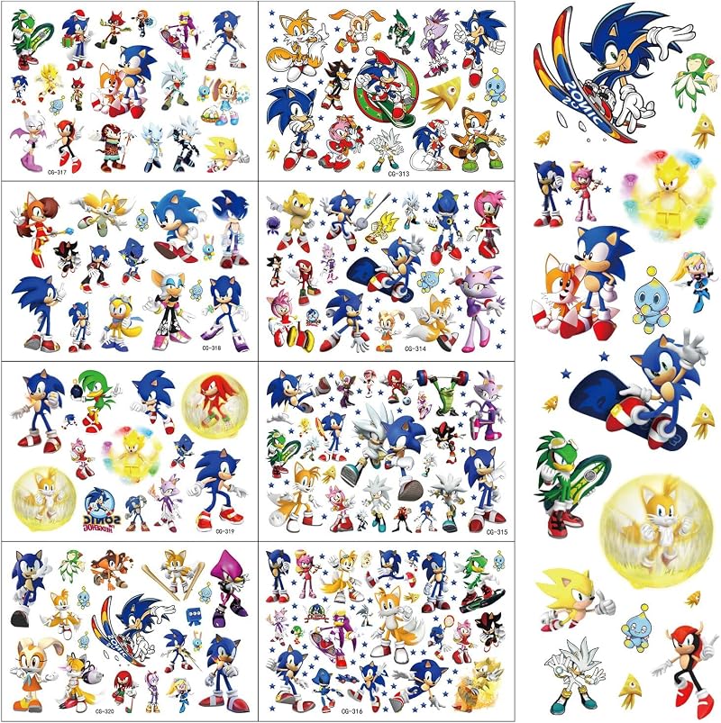 ZZZYW Sonic Temporary Tattoos for Kids 8 Cute Sheets Birthday Party Favors