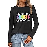 Easter Teacher Shirts for Women Treat All Peeps with Kindness Graphic T-Shirt Long Sleeve Easter Bunny Tops
