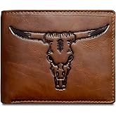 MID WEST RANGE Texas Longhorn Bifold Wallet - Western Wallet for Men -Longhorn Cowboy Wallet - RFID Blocking & 9 Card Slots - Distressed Leather Cowboy Wallet for Men
