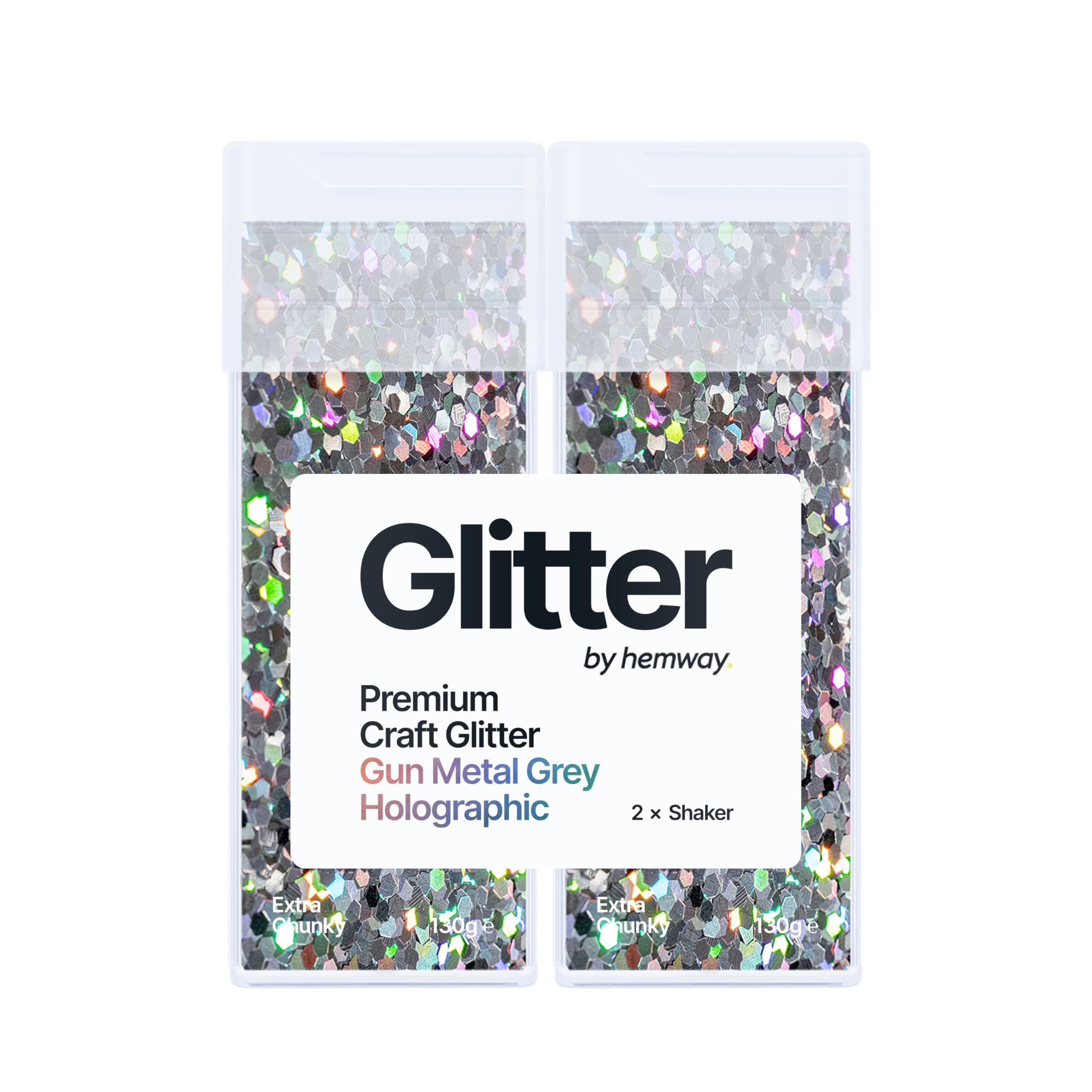 Hemway Glitter Shaker Gun Metal Grey Holographic 130g x2 Pack Extra Chunky, Craft Glitter Shakers for Resin & Epoxy Crafts, Christmas Art Supplies, Nail, Body, Face, Festival, Crafting, Slime, Sparkle