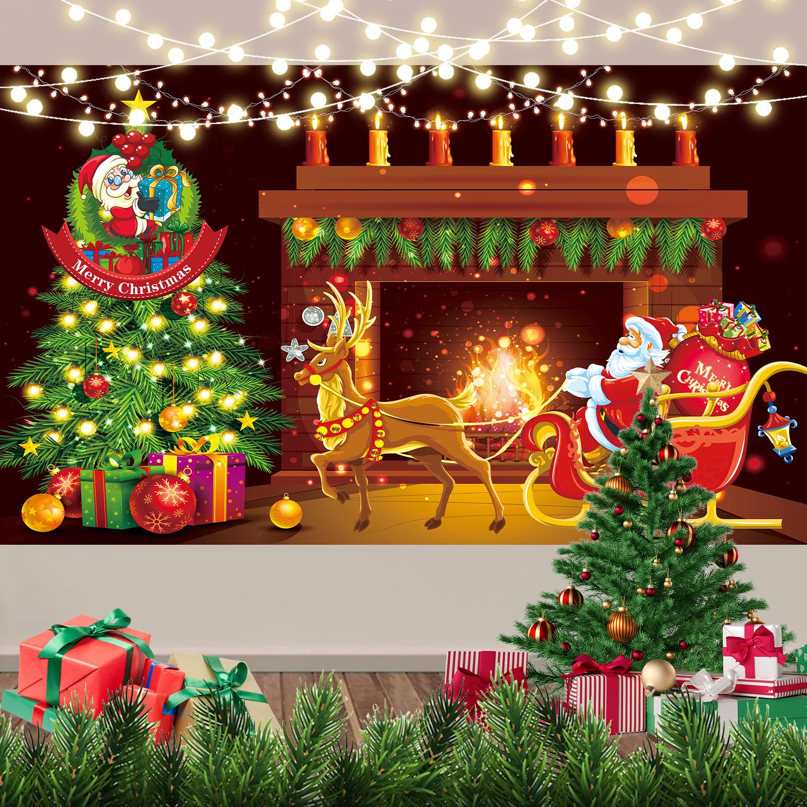 Merry Christmas Backdrop Banner Santa Claus Xmas Tree Photography Background, Red Green Holiday Party Background For Xmas Winter New Year Eve Family Party Decor