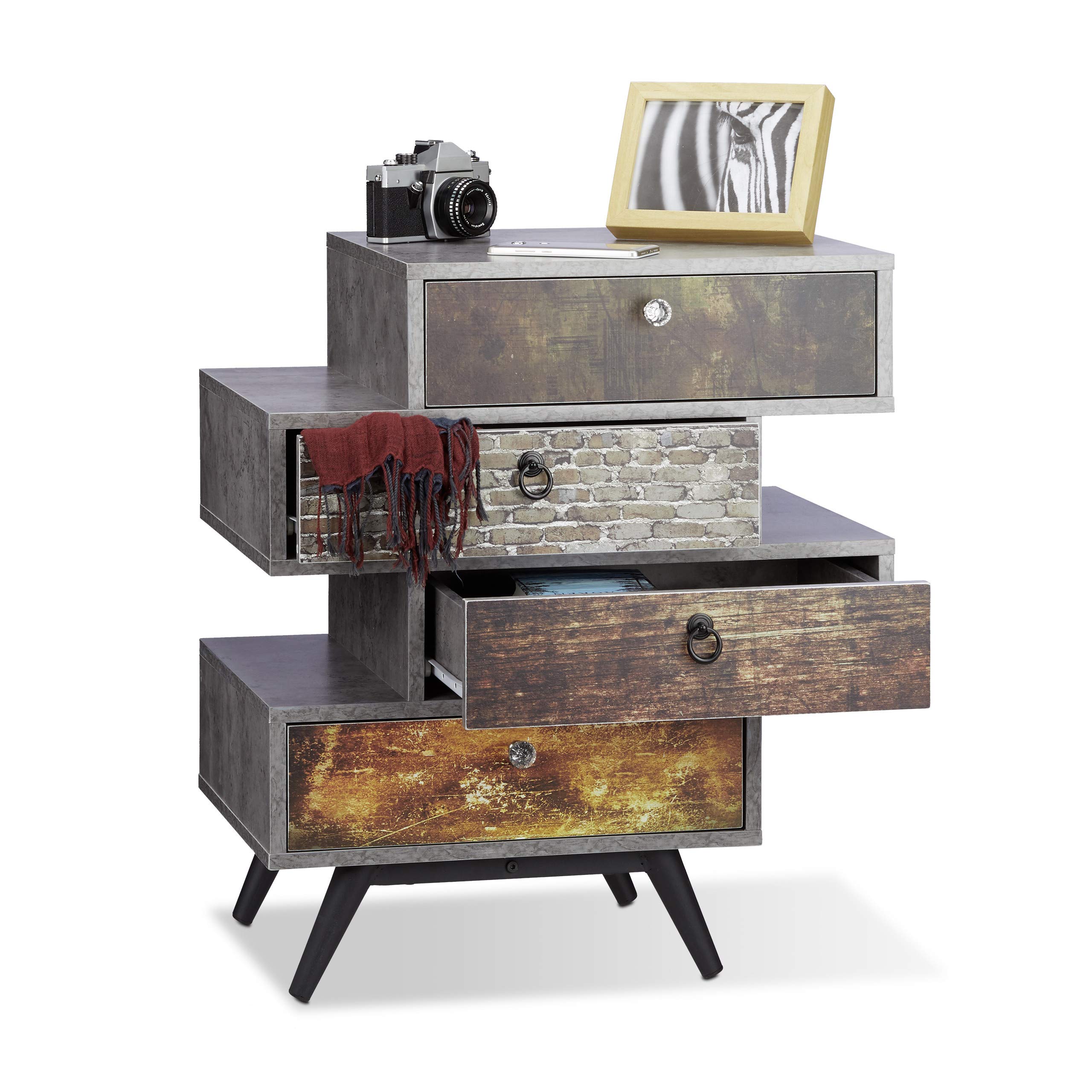 Relaxdays Vintage Dresser with 4 Drawers, Chest of Drawers with Print, Concrete Design Sideboard, HWD: 68 x 60 x 40 cm, Grey