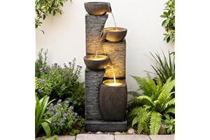 Pivotify 38.2" Tall Water Fountain Outdoor Garden,4 Tiers Modern Cascading Bowls and Stacked Stones Indoor Fountains with LED Lights for Garden, Patio, Deck, Porch, Backyard and Home Art Decor(Grey)