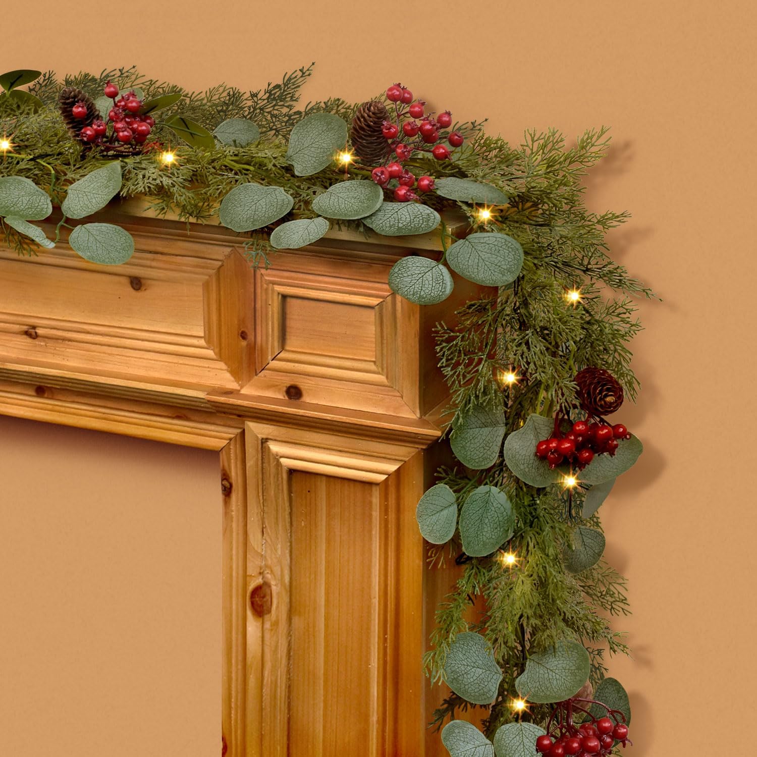 Wreaths, Garlands & Swags - 6.6ft Christmas Garland, Winter Garland with LED String Lights, Pine Cones, Red Berries and Cypress Branches for Home Railing Door Porch Table Mantle Xmas Holiday New Year Decoration