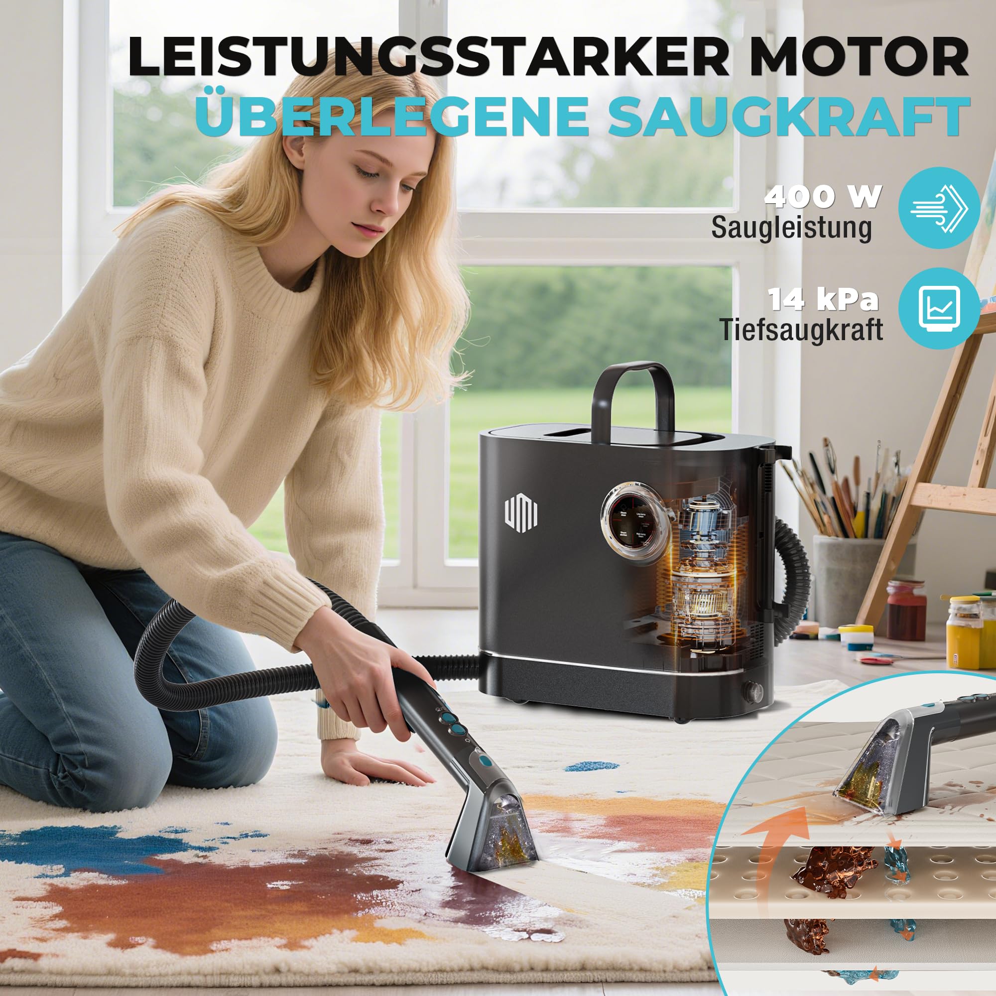 UMI Waschsauger, Dampfreiniger mit 14 kPa Saugkraft, Teppichreiniger mit 4 Reinigungsmodi, Polsterreiniger mit Hochtemperaturfunktion, Doppeltanksystem, Teppichreiniger mit Reinigungsmittel 5