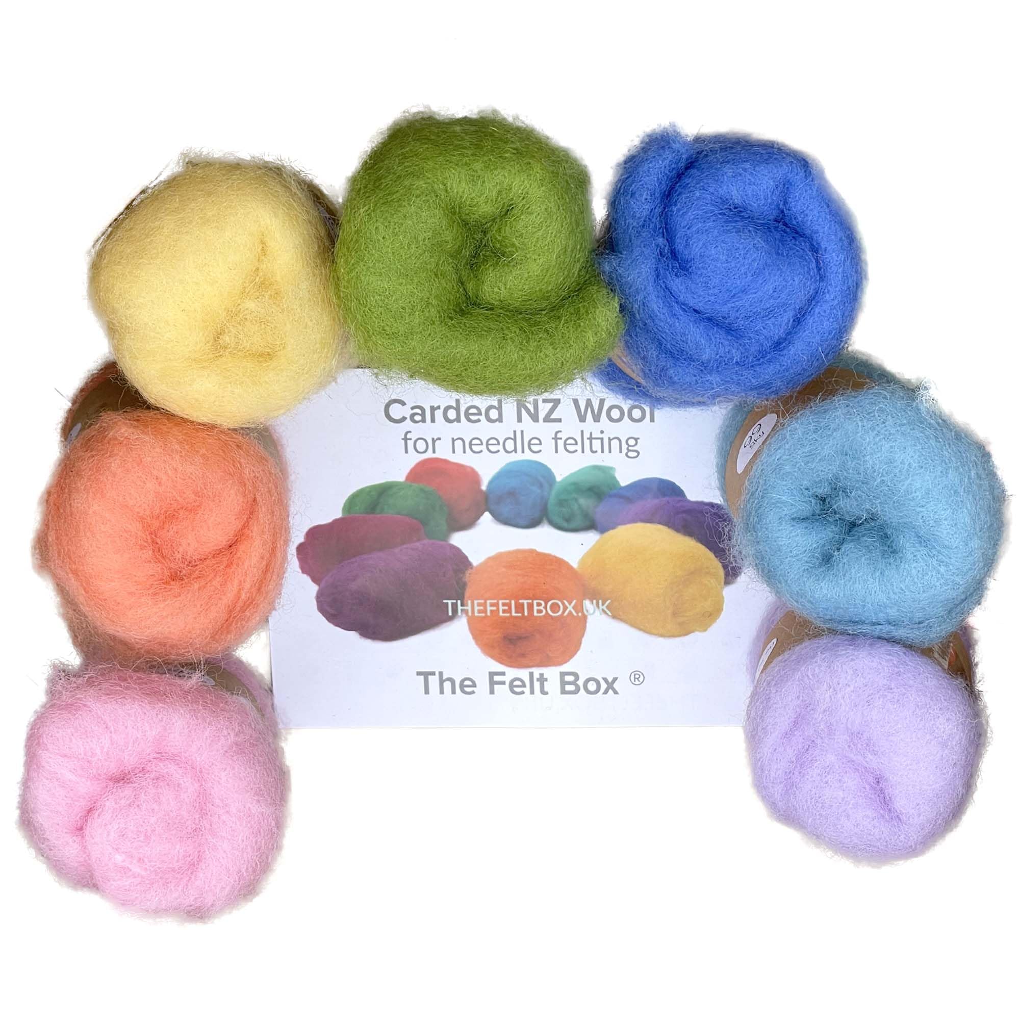The Felt Box Needle Felting Wool – Pastel Rainbow Set 7 Colours x 20g (140g Total) Carded Wool Batts – Soft Felting Fibre for Needle & Wet Felting, Dolls, Flowers & Crafts