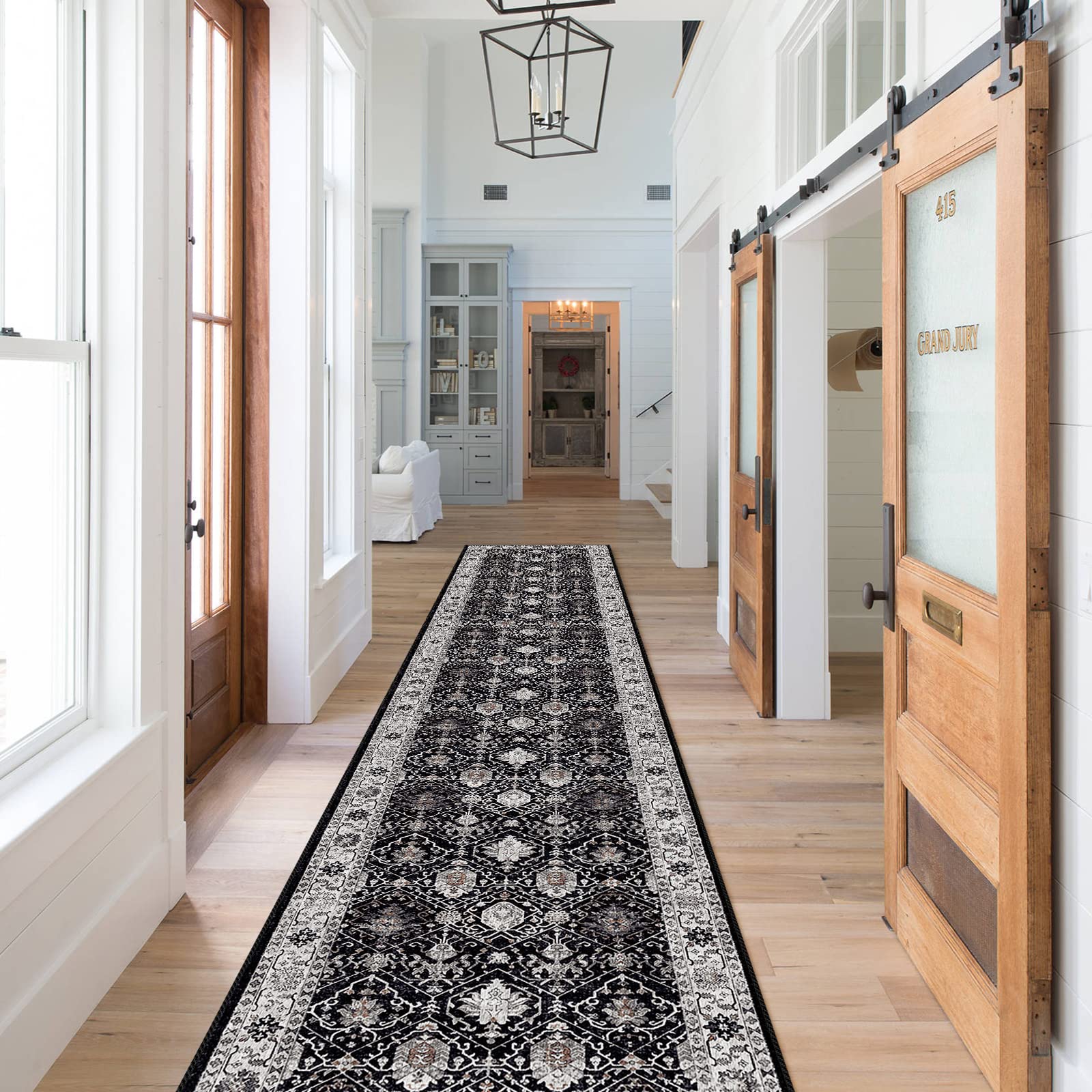 Photo 1 of Hallway Washable Runner Rug - 2x10 Kitchen Rugs Entryway Rug Runner Vintage Soft Floor Mat Non Slip Indoor Farmhouse Carpet for Bathroom Living Room Bedroom(2 X 10, Black)