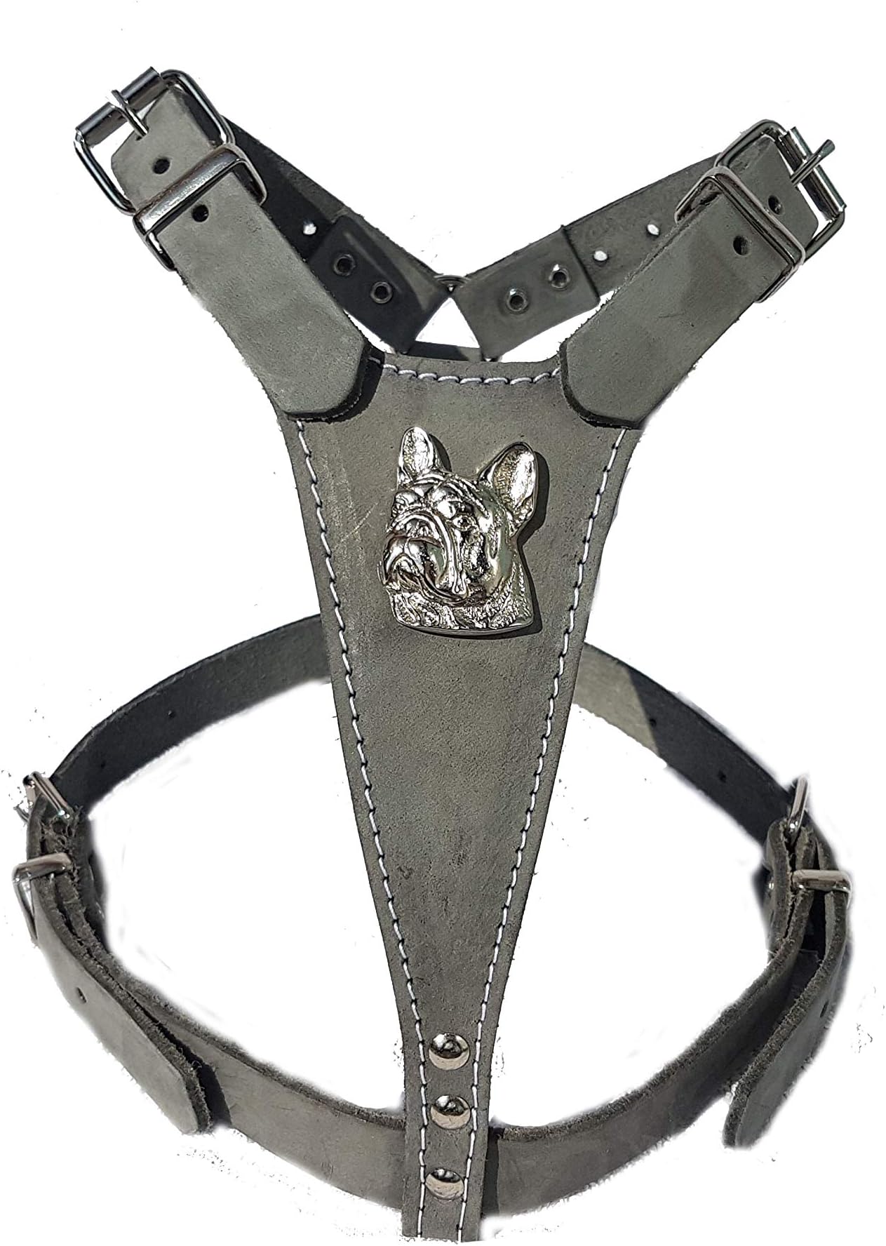 Grey Leather Dog Harness Medium with French Bulldog Head Motif