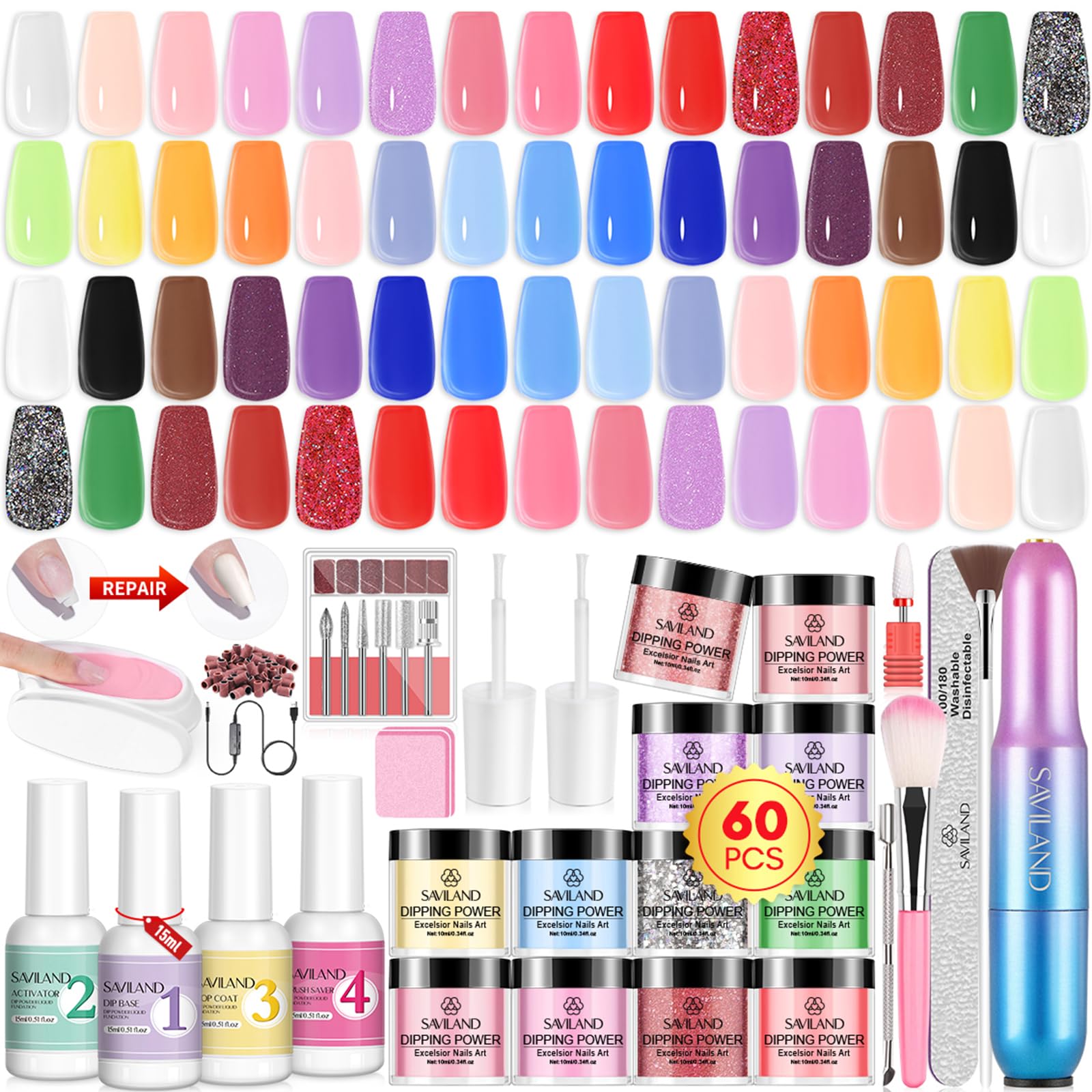 Saviland 60 Pcs Dip Powder Nail Kit with Drill: 30 Colors Dipping Powder with Dip Liquid Starter Set for French Nail Art Manicure