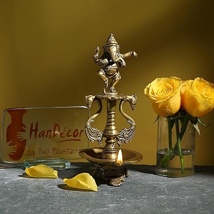 Two Moustaches Brass Dancing Ganesha Oil Diya with Base (Golden, Pack of 1)