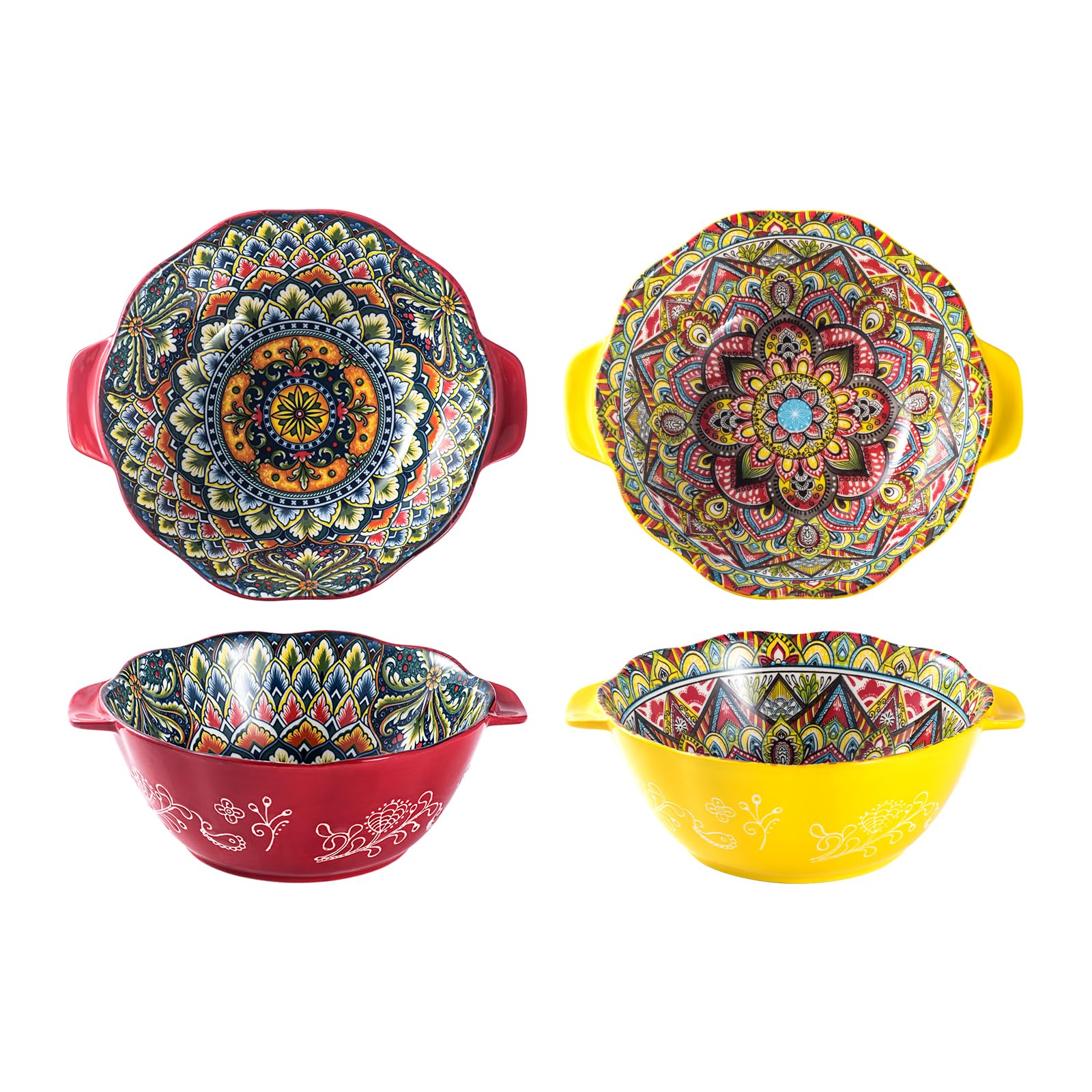 Photo 1 of Henten Home Bohemia Large Bowls with Handle, 49 oz Ceramic Soup Bowl Set of 2, Porcelain Pho Bowl, Floral Noodle Bowls Set for Kitchen, Ramen, Udon, Microwave & Dishwasher Safe