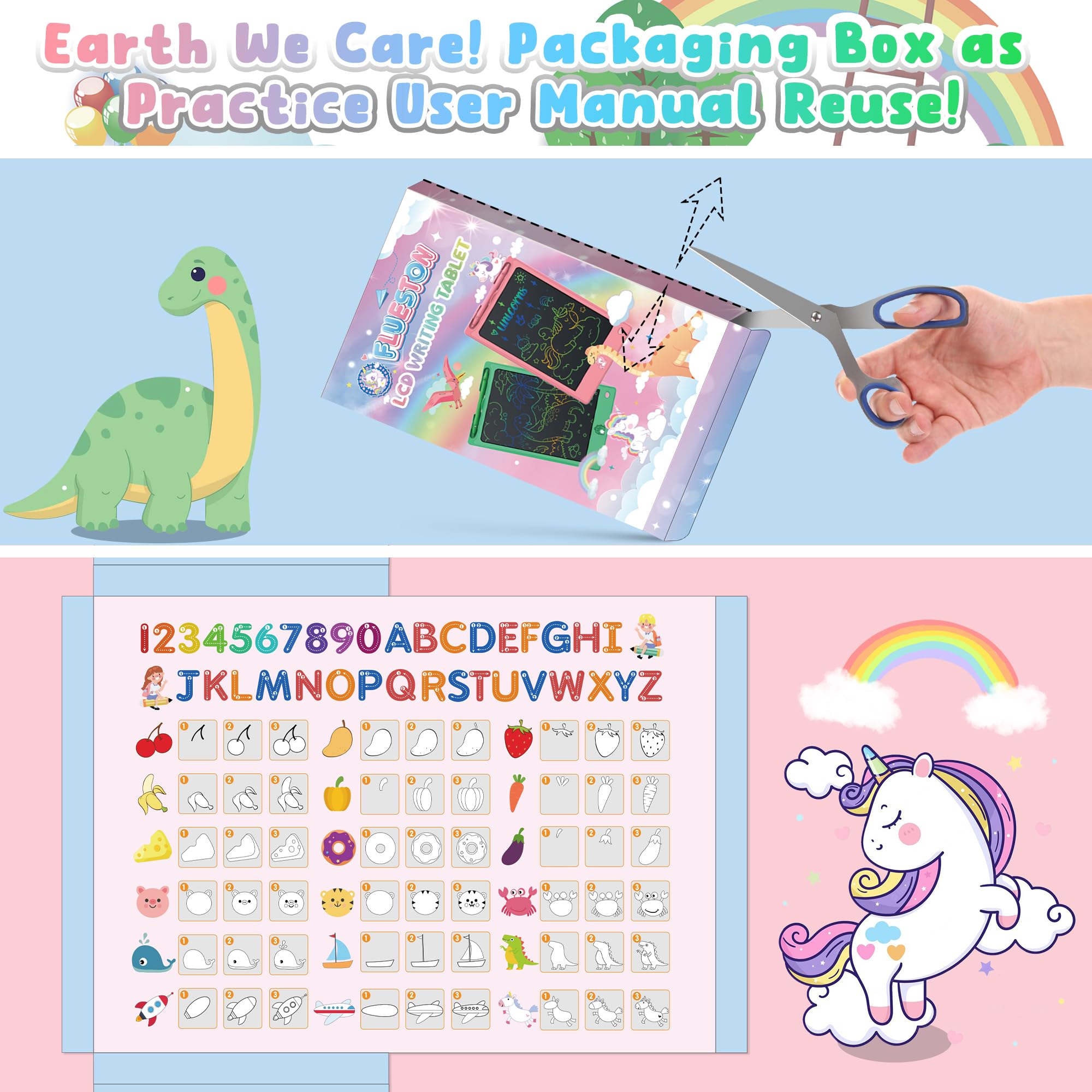 FLUESTON LCD Writing Tablet for Kids,Drawing Tablet for Boys Girls 3 4 5 6 7 8 Year,8.8 Inch 3pcs in 1 Pack Drawing Pad Toy Birthday Gifts for Toddler, Educational Doodle Board Cute Dinosaur Unicorn