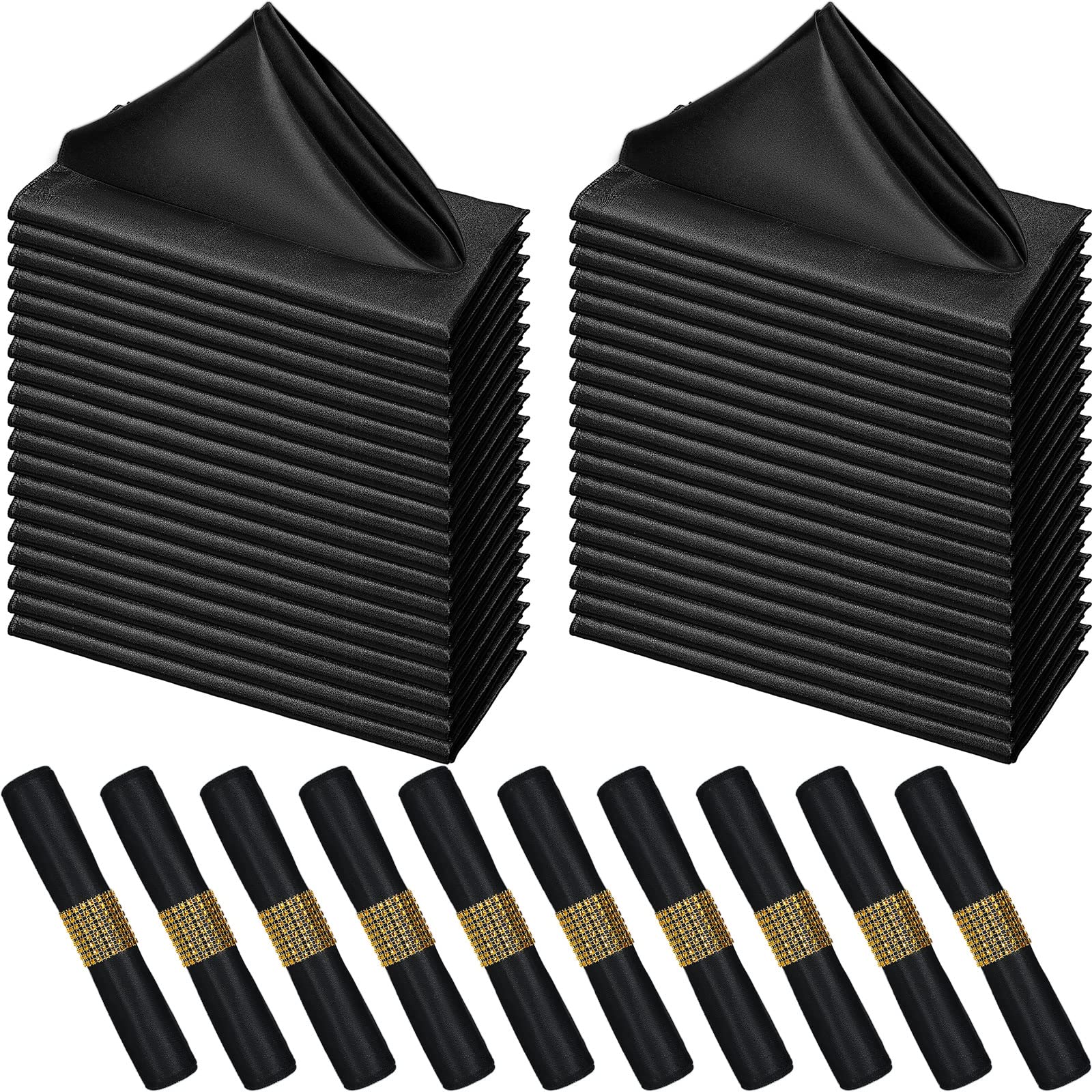 Photo 1 of 100 Pack Satin Napkins with 100 Gold Napkin Rings 17 x 17 Inch Cloth Napkins Bulk Washable Soft Reusable Dinner Supplies for Wedding Birthday Party Banquet Restaurant Hotel(Black)