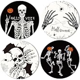 Whaline 4Pcs Halloween Ceramic Coasters Skeleton Pumpkin Drink Coasters Absorbent Cup Mat for Mug Cup Home Kitchen Party Table Decor
