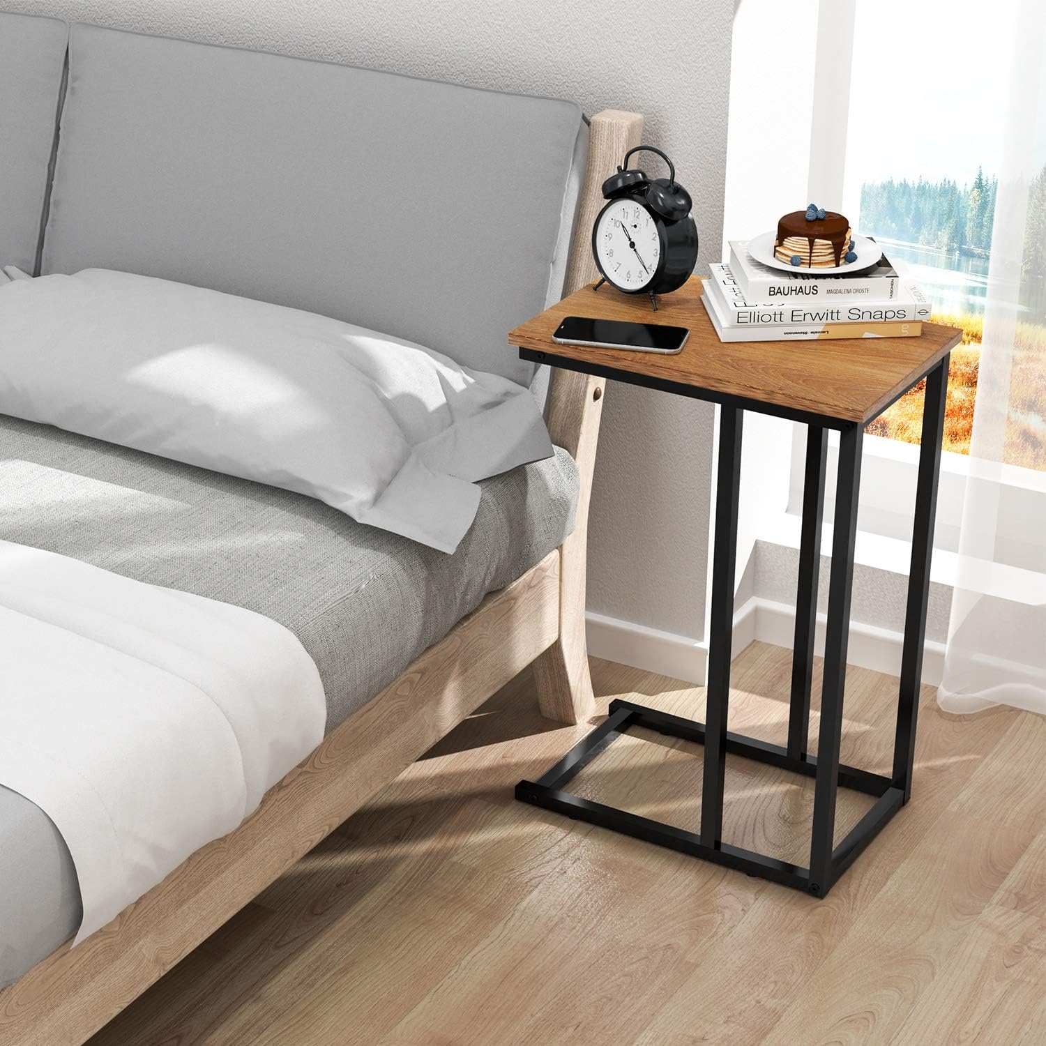 End Table, Durable Side Table C-Shaped Modern Sofa Table Wood Table Coffee Table Snack Table for Sofa, Couch, Bed in Living Room, Bedroom and Other Small Place, Walnut: Kitchen & Dining