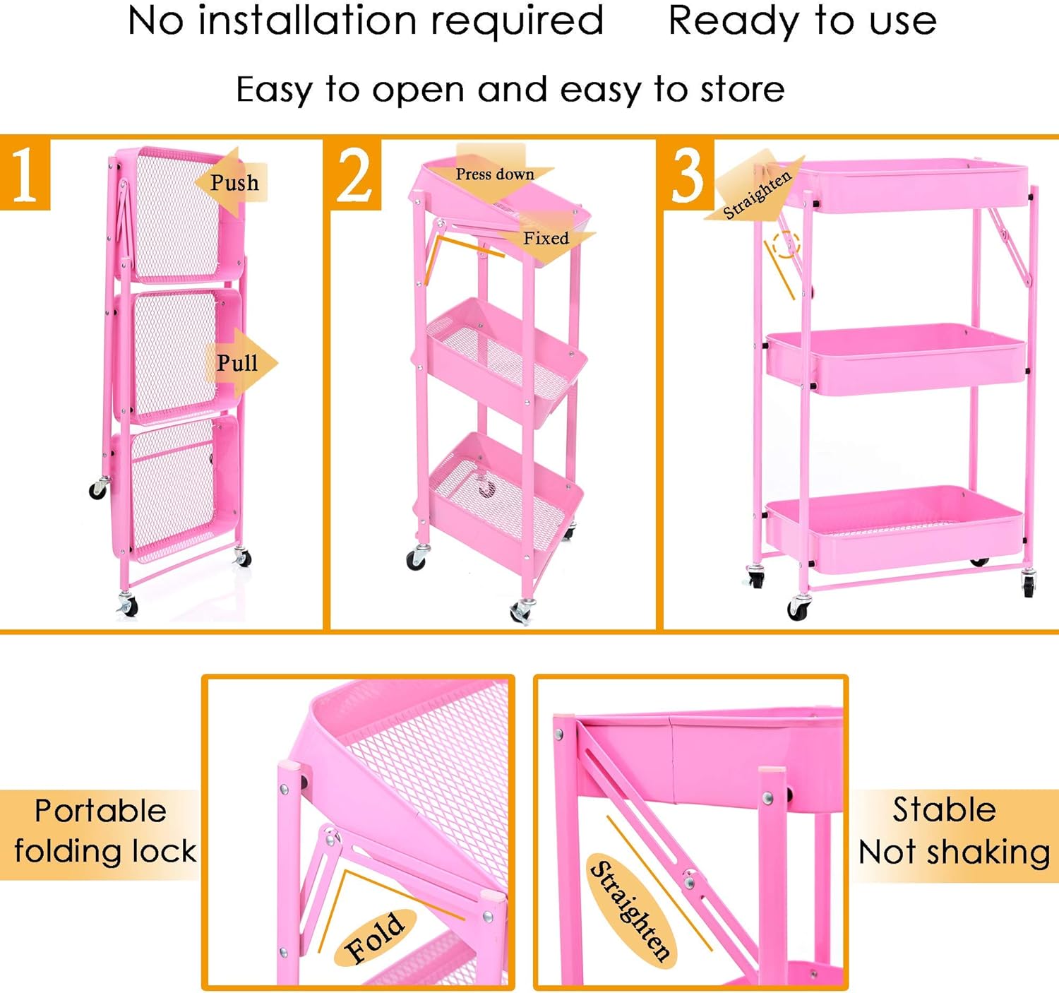 3-Layer Movable and Foldable Metal Storage Cart with Wheels Without Installation, Pink(17.71Lx11.61Wx28.34H) : Office Products