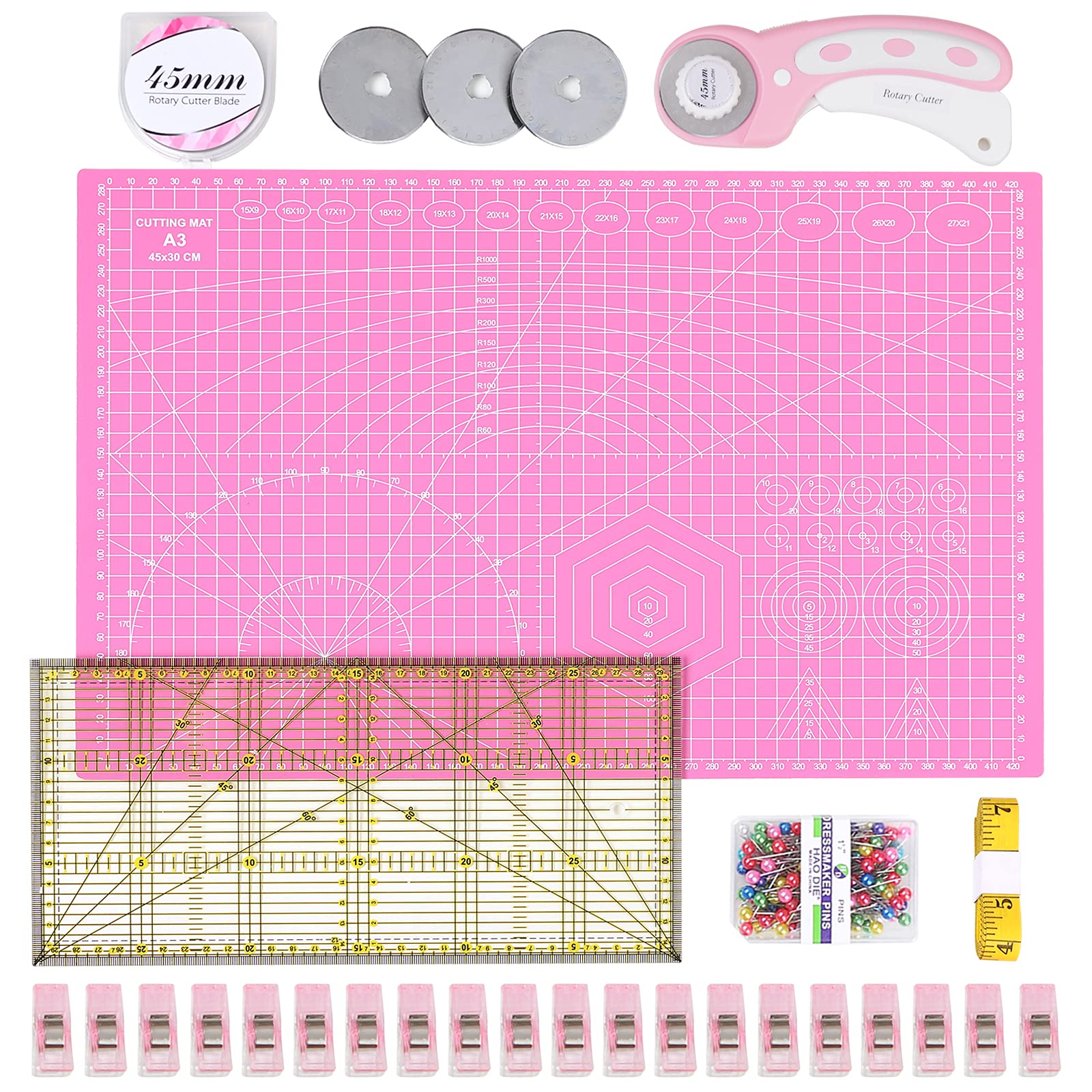 INTLMATE A3 Cutting Mat Set Fabric Cutter Tool Kit Including 17inches self-Healing Cutting mat,45mm Rotary Cutter with 3 Replacement Blades,Acrylic Quilting Ruler,Patchwork Ruler,20 Clips,100 pins