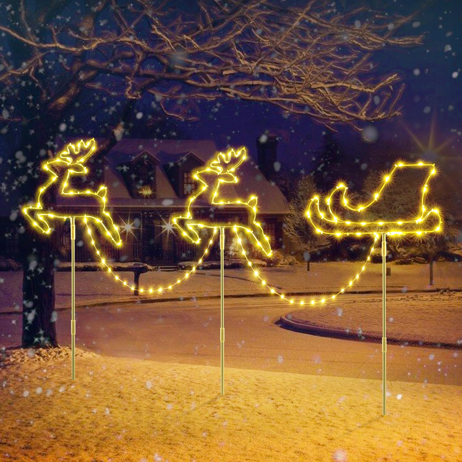 Quntis Outdoor Christmas Pathway Lights Mains Powered, 83cm 129 LED Reindeer Sleigh Path Lights Warm White & RGB with 8 Modes Timer Memory Function, Christmas Stake Decorations Garden Yard Lawn