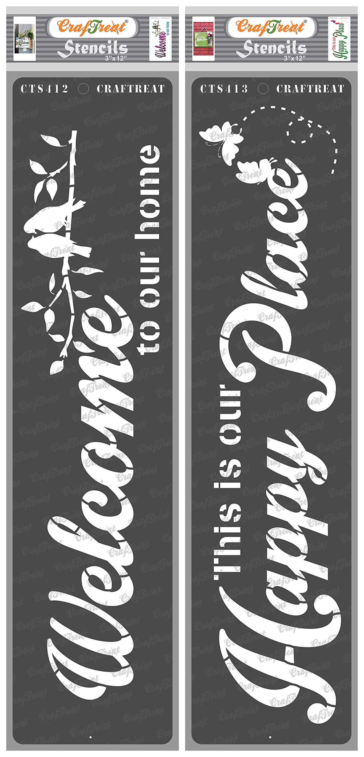 CrafTreat Reusable Home Stencils for Painting on Wood, Canvas, Paper, Fabric, Floor, Wall and Tile - Welcome to Our Home and This is Our Happy Place - 2 Pcs - 3x12 Inches Each - DIY Craft Stencils