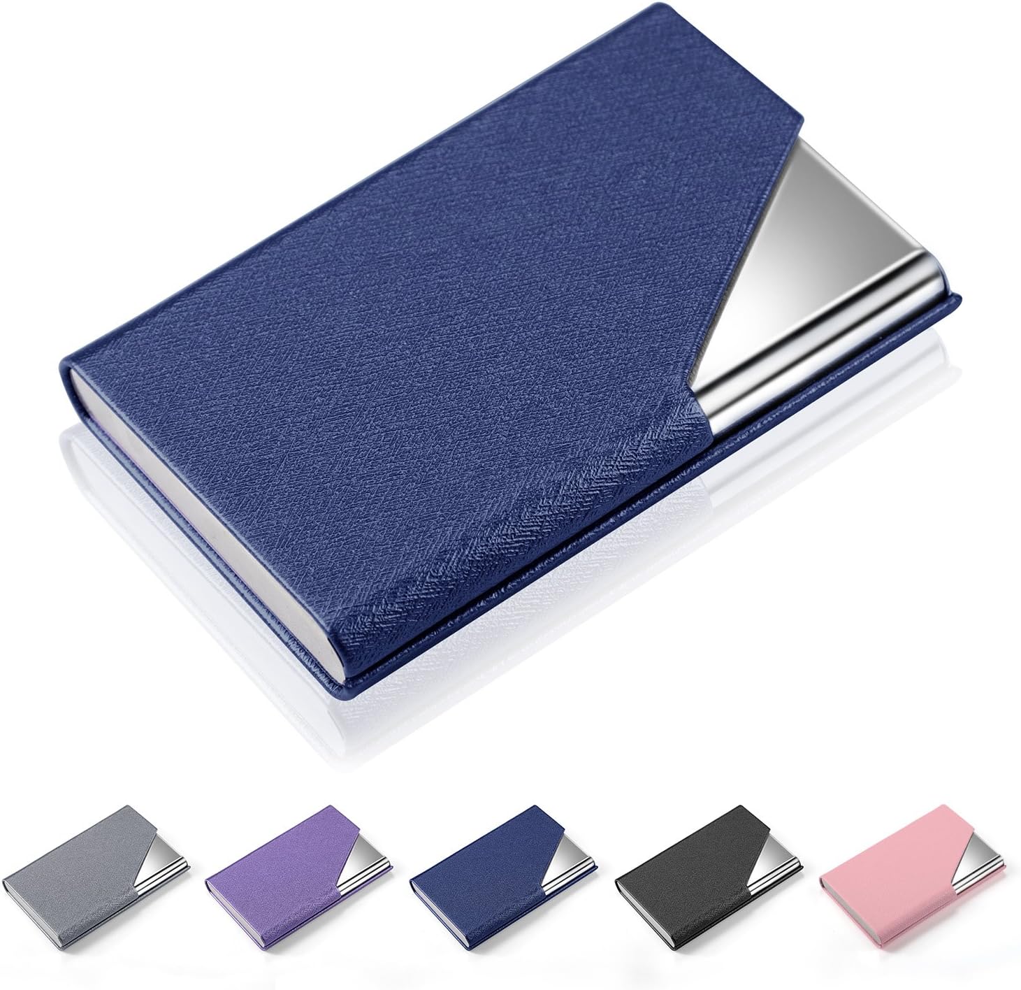 Business Card Holder Case, AHGXG Professional Slim Name Card Case Credit Card ID Holder/Case PU Leather&Stainless Steel Metal Wallets with Magnet Shuts for Men&Women, Keep 20 Business Cards, Blue