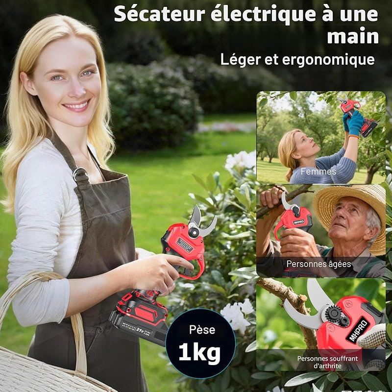 Sécateur Électrique Sans fil, MHPRO 30mm Secateur Electrique avec 2 Batteries de 2000mAh et Écran LCD, Secateur a Batterie Moteur Sans Balais Pour la Taille, Le Jardinage, Les Arbres Fruitiers.