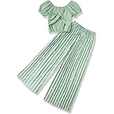 XUANHAO Toddler Girls Clothes Summer Puff Sleeve Smocked Shirt Top Wide Leg Pants Outfits Kids Girl's Clothing Set