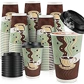 48 pack 16 oz Disposable Coffee Cups with Lids, Corrugated Ripple Wall Insulated Paper Cups for Winter Cahristmas Hot Cold Drink, Home, Office, Coffee Bar