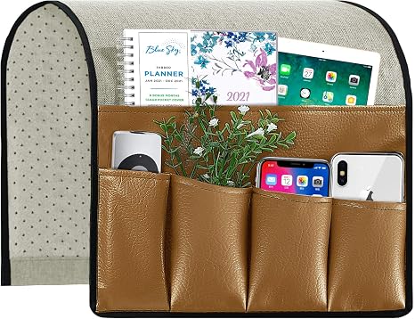 Amazon Com Joywell Leather Linen Sofa Armrest Organizer Couch Arm Chair Caddy With 5 Pockets For Magazine Books Tv Remote Control Cell Phone Ipad Ochre Home Kitchen