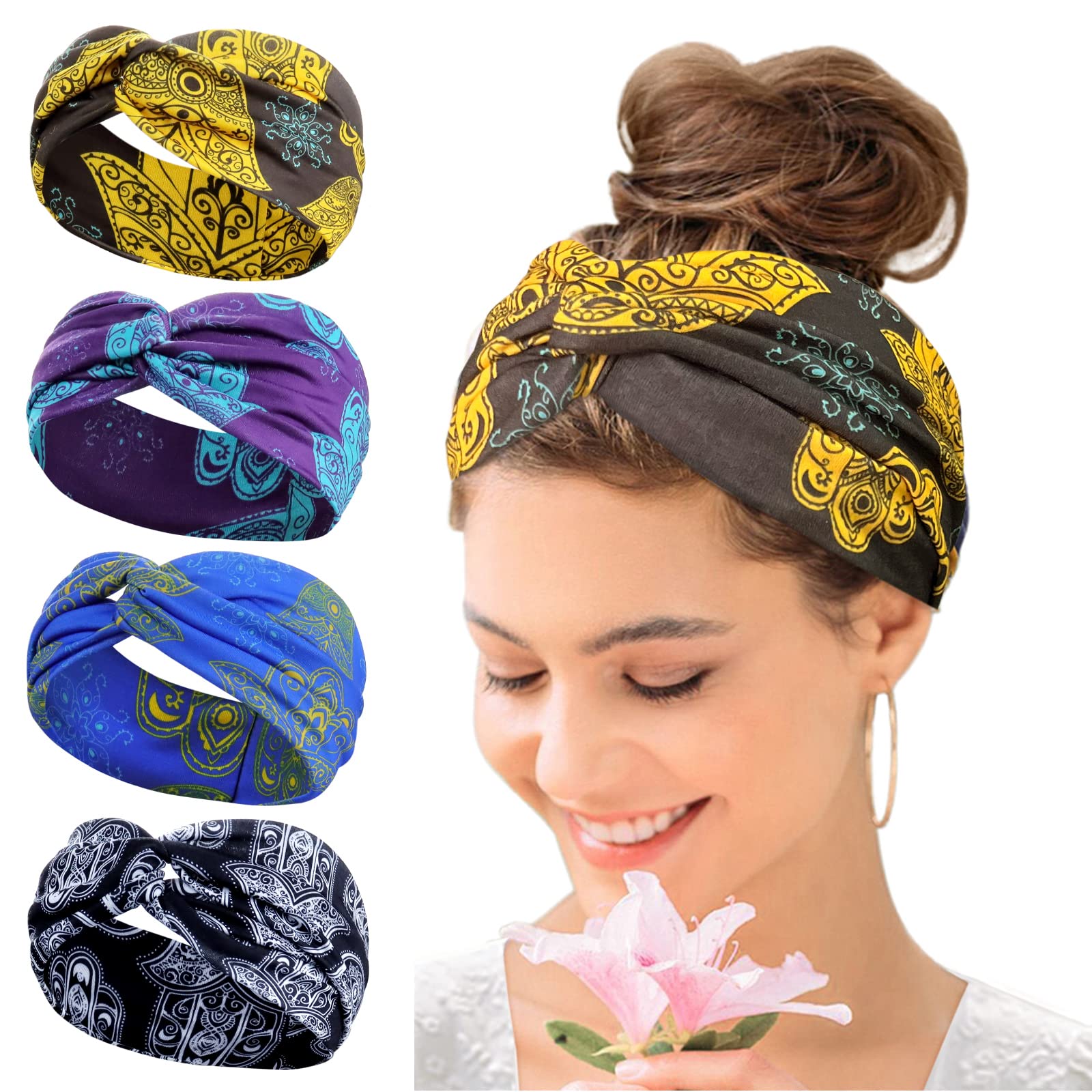 KAVYA Wide Headbands for Women's Hair Headband Soft Head Bands Adult Women Hairband Turban Flower Cotton Head band Everyday Yoga Sport Fitness