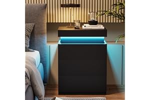 ADORNEVE Nightstand with Charging Station and LED Lights,Night Stand with Sliding Top,Bedside Table with Drawers,Modern End Side Table for Bedroom,Black