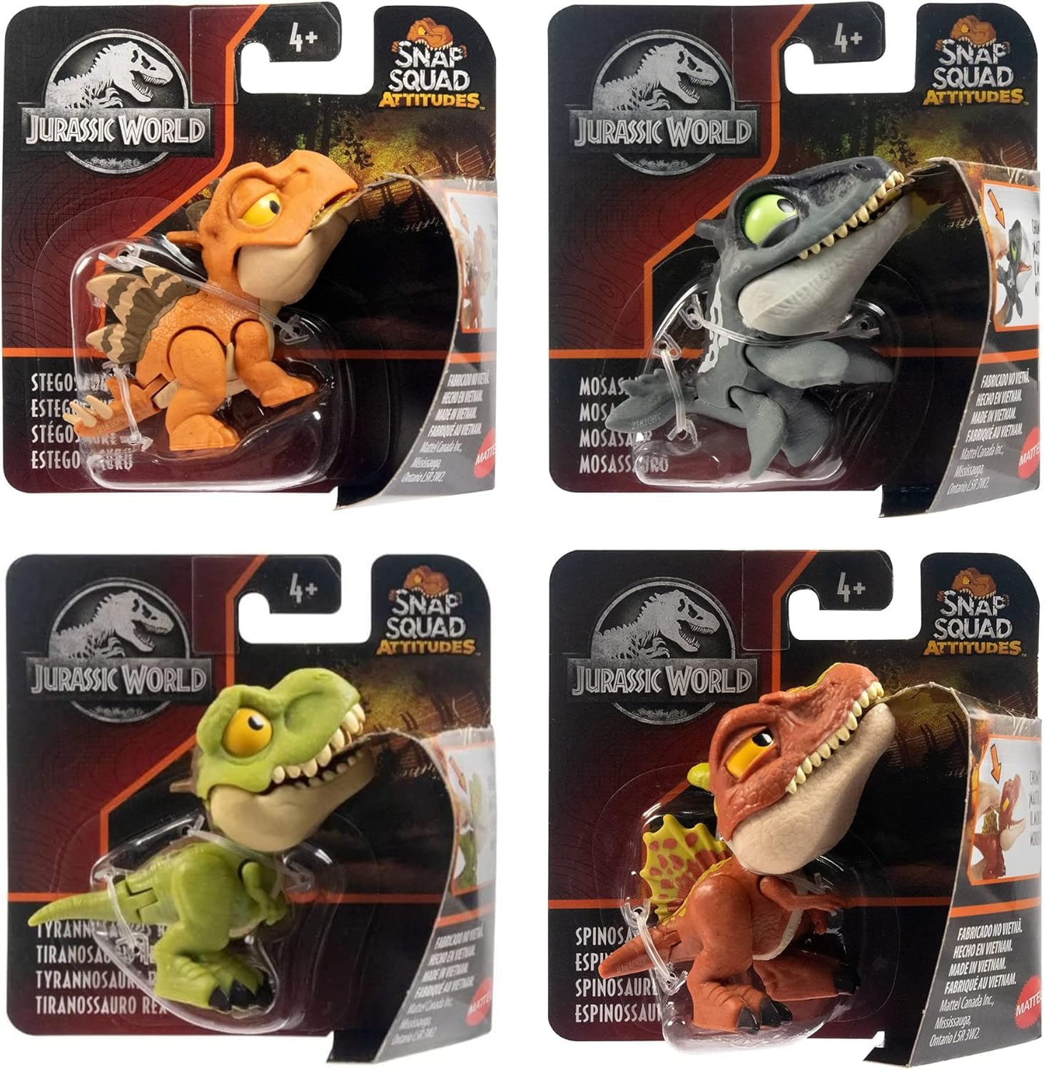 Jurassic World Snap Squad Attitudes Figure Set of 4 - Spinosaurus, Mosasaurus, Tyrannosaurus Rex, Stegosaurus