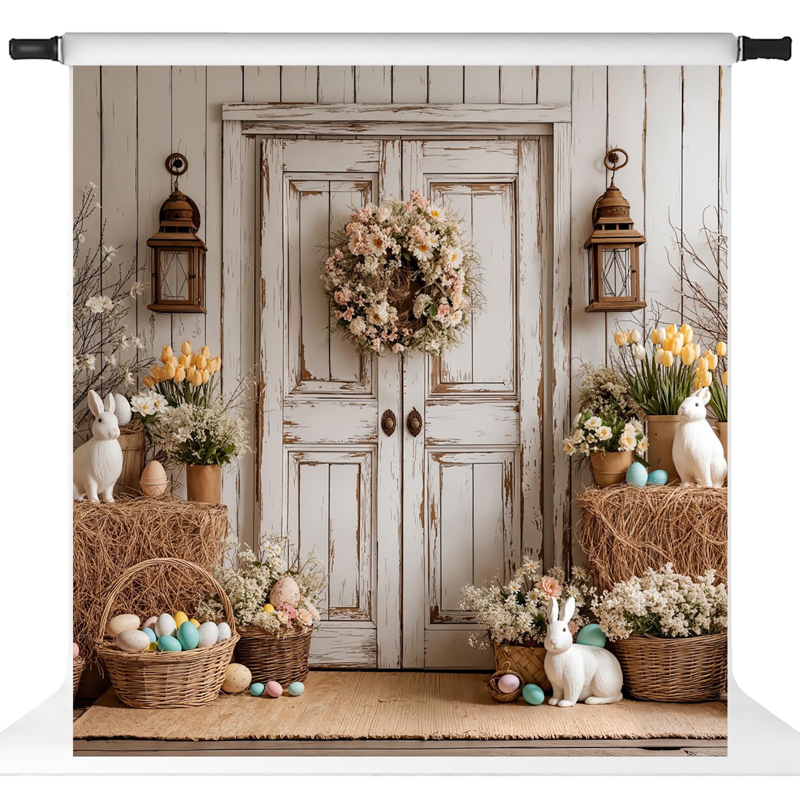Photo 1 of Kate Easter Photography Backdrops Wood Door Photo Background Colorful Eggs Haystack Festive Holiday Party Supplies Props, 8x8ft