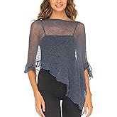 SHU-SHI Womens Sheer Poncho Shrug Lightweight Knit Ruffle Pullover Sweater Top