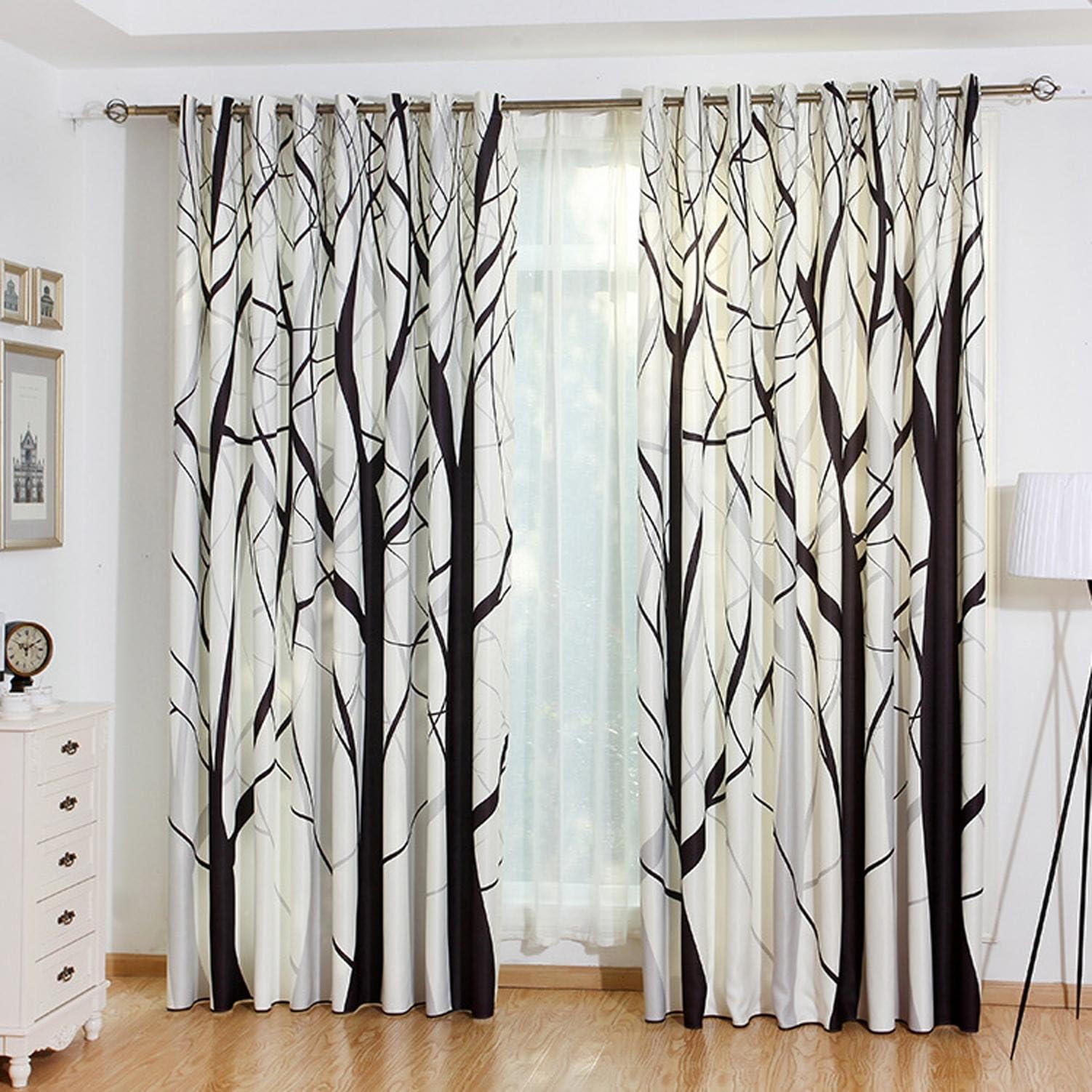 AINIJ Modern simple personality curtain fabric digital printing curtain fabric black and white branch pattern curtain cloth , 3m