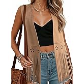 Dokotoo Womens Fringe Vest Cowgirl Western Outfits 70s Hippie Costume Sleeveless Hollow Out Faux Suede Tassel Outerwear