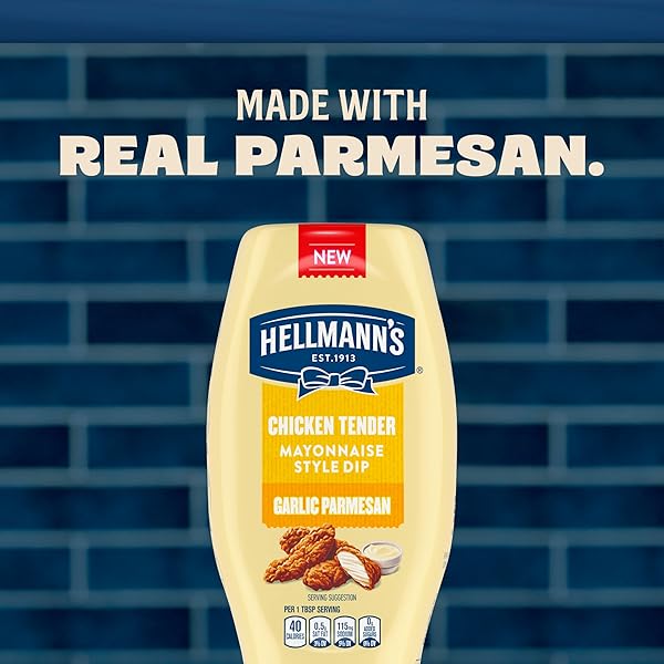HELLMANN’S GARLIC PARMESAN CHICKEN TENDER MAYONNAISE STYLE DIP GARLIC PARMESAN DELICIOUS FLAVOR NO ARTIFICIAL FLAVORS 11.5 FL OZ