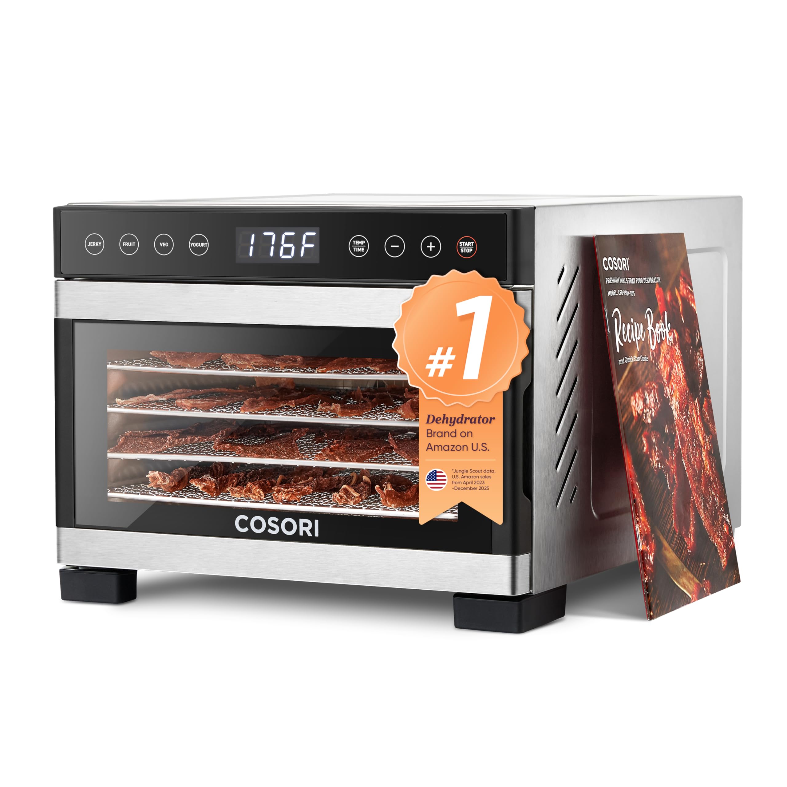 COSORI Food Dehydrator for Jerky, 176°F Temperature Control, 5 Stainless Steel Trays Dryer Machine, 4 Presets, 48H Timer, for Dog Treats, Meat, Fruit, Veggies, Snacks, Bright-Silver