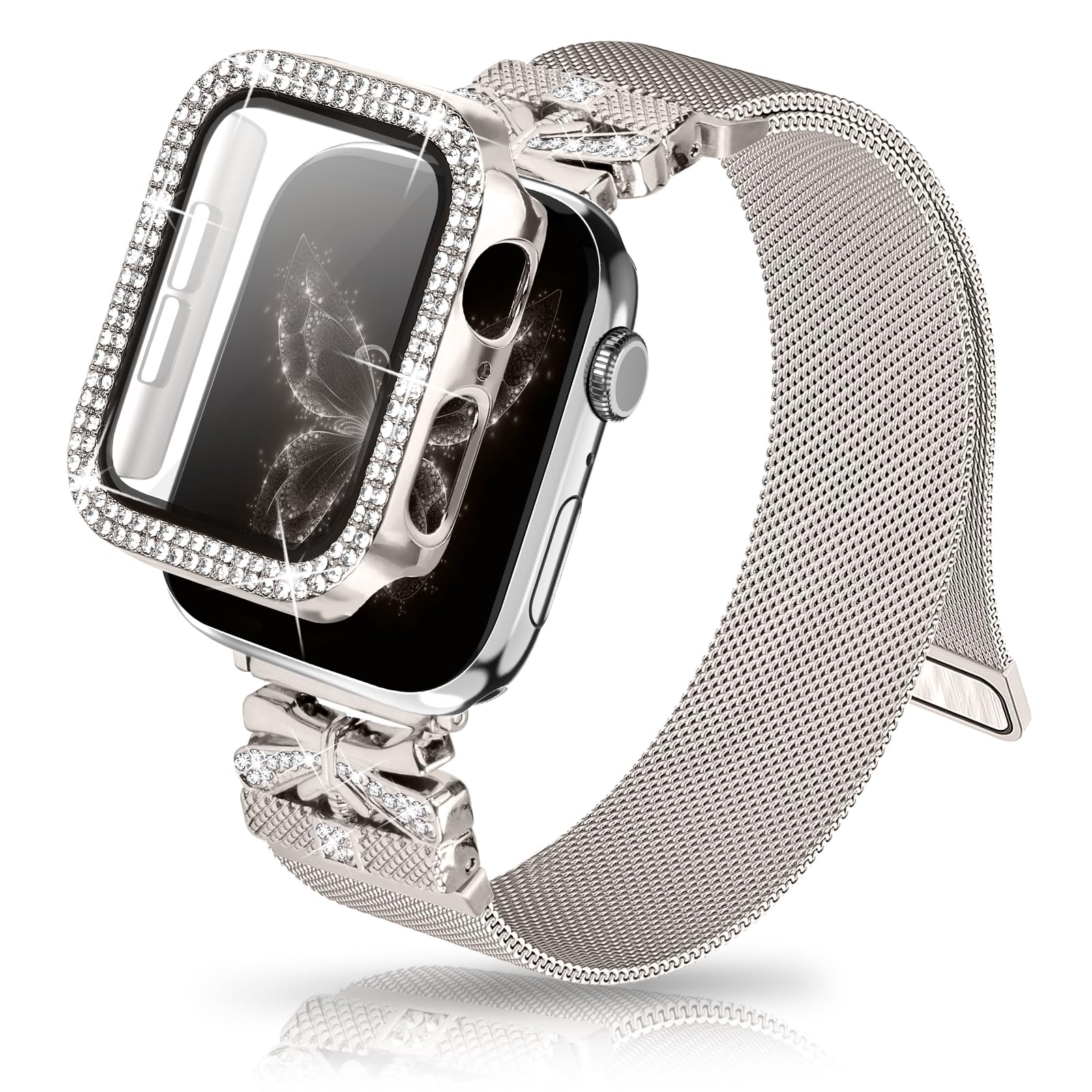Youthrun Magnetic Band for Women Compatible with Apple Watch Band 38mm 40mm 41mm 42mm 44mm 45mm Milanese Stainless Steel Loop with Bling Protective Case, Dressy Metal Strap Replacement iWatch Band