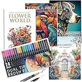 Coloring Book for Adults Relaxation, Mindfulness Coloring Book for Women with 24 Dual Tip Markers, Anxiety Relief Gifts for Women with 128 Patterns Include Plants Animals Flowers Garden Style (4 Pack)