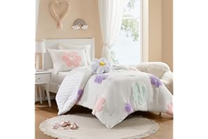 Intelligent Design Kids Twin Comforter Set for Girls, Tufted Chenille Floral, Lightweight Polka Dot Comforter Reversible Bed Set, Sham, Pillow, Gracie, Twin White/Purple 3 Piece