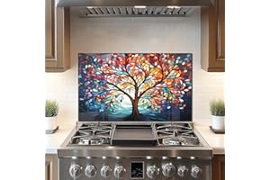 DAIFURONGE Tempered Glass Backsplash For Kitchen Behind Stove,Watercolor Tree of Life,Stove Backsplash Top Cover,Easy to Clean Glass Splashback, Sink Cover Splash Guard,Home Kitchen Wall Decor (30"x18"(76.2x45.72cm))