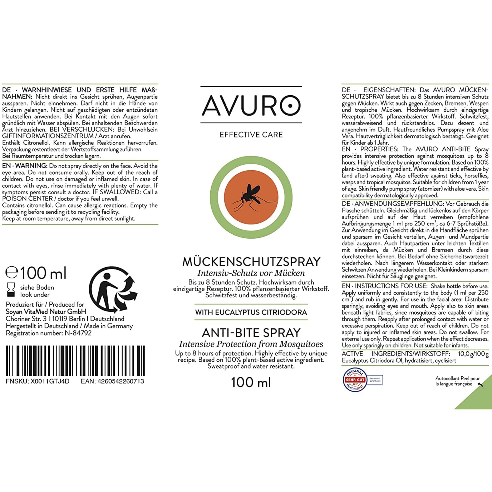 AVURO Mückenschutz Spray 100ml, langanhaltender Schutz vor Insekten, 100% pflanzlicher Wirkstoff Eucalyptus Citriodora Öl, DEET-frei 8
