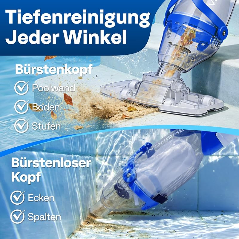 Poolsauger Akku 4300 LPH Absaugung mit 250cm Verlängerungsstange