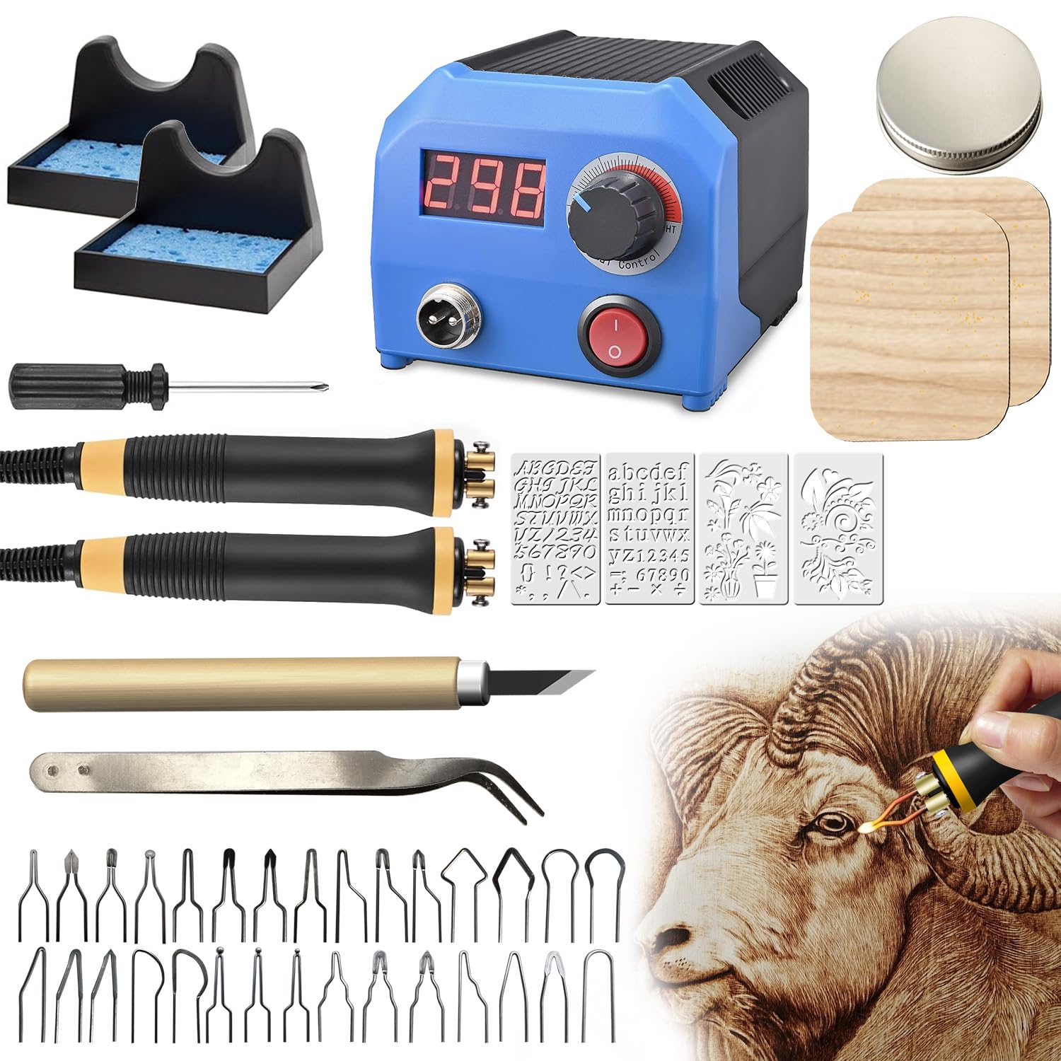 FIRElood LH55-1 Wood Burning Kit,Pyrography Wood Burning Tool Set with Pyrography Machine, 30 Wire Nibs, Detachable Wood Burning Pen, Adjustable Temperature 250-700℃(UK Plug)
